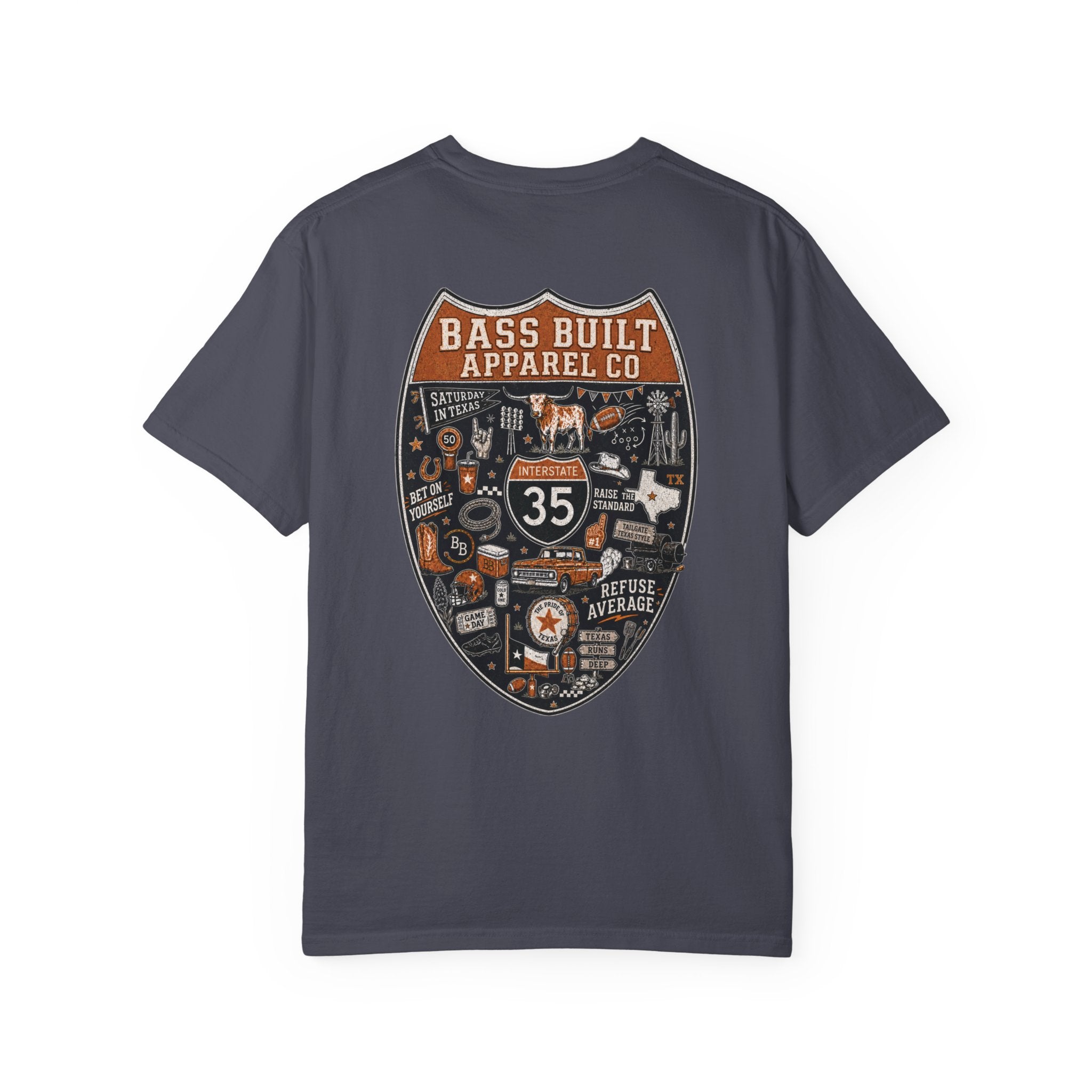 Navy gray crew neck T-shirt with large back shield graphic print