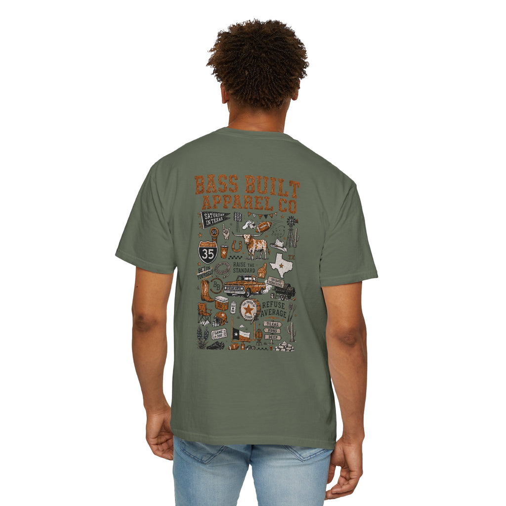 Green T-shirt with large multicolor illustrated back graphic print, worn