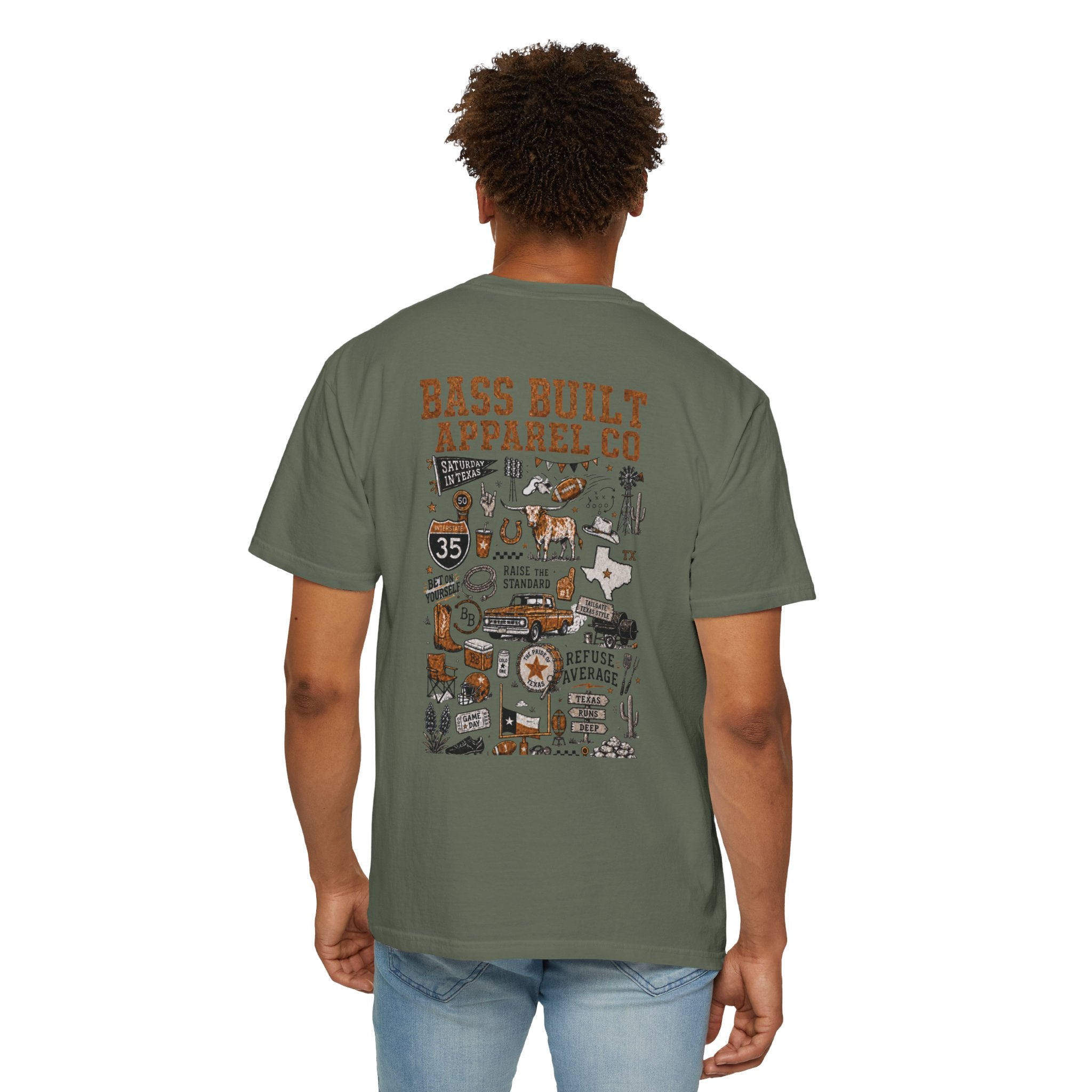Green T-shirt with large multicolor illustrated back graphic print, worn