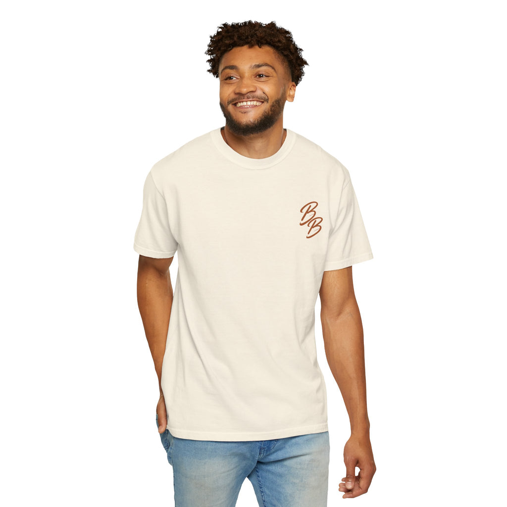 Cream crew neck T-shirt with small orange B logo on left chest, worn by model