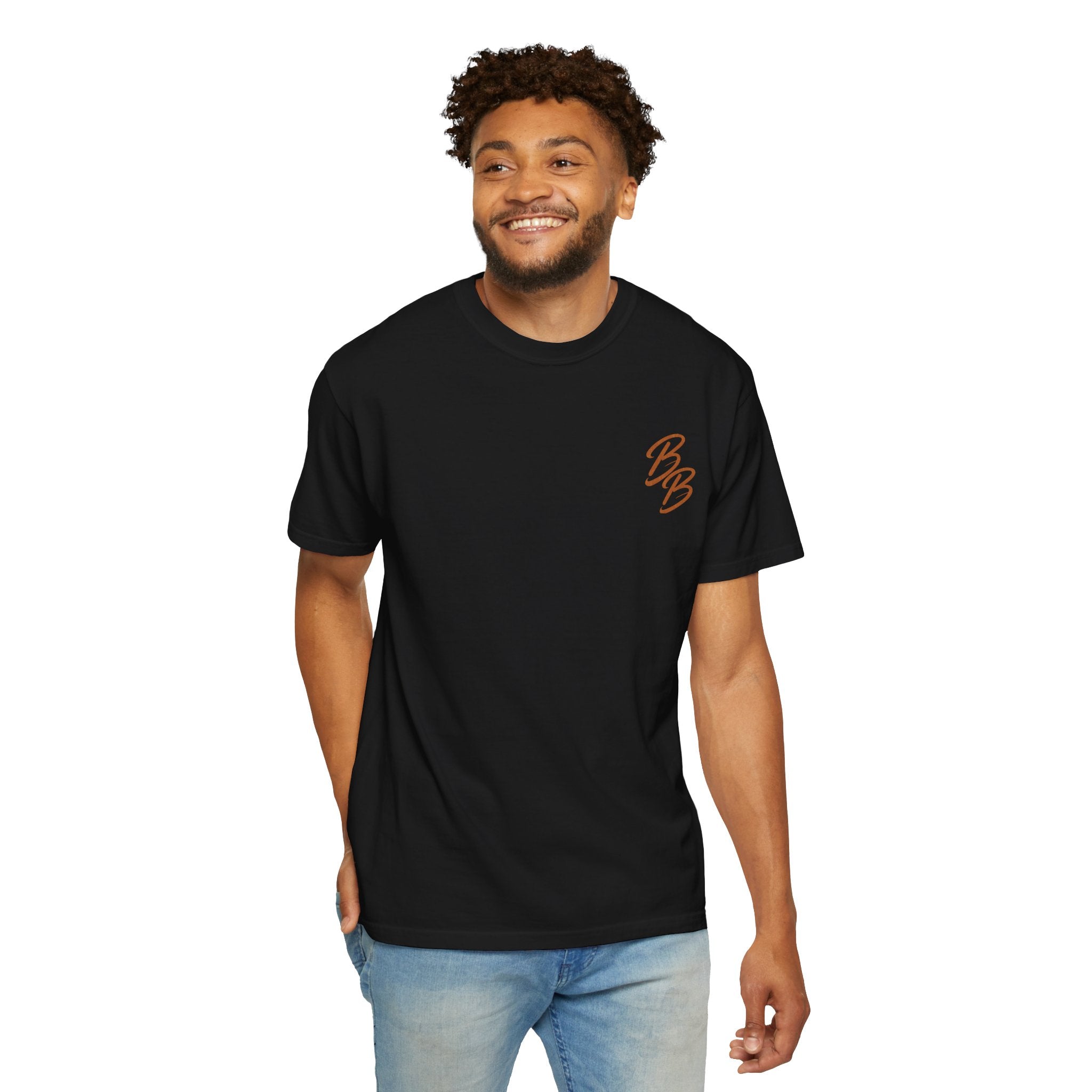 Black crew neck T-shirt with small orange B logo on left chest, worn by model