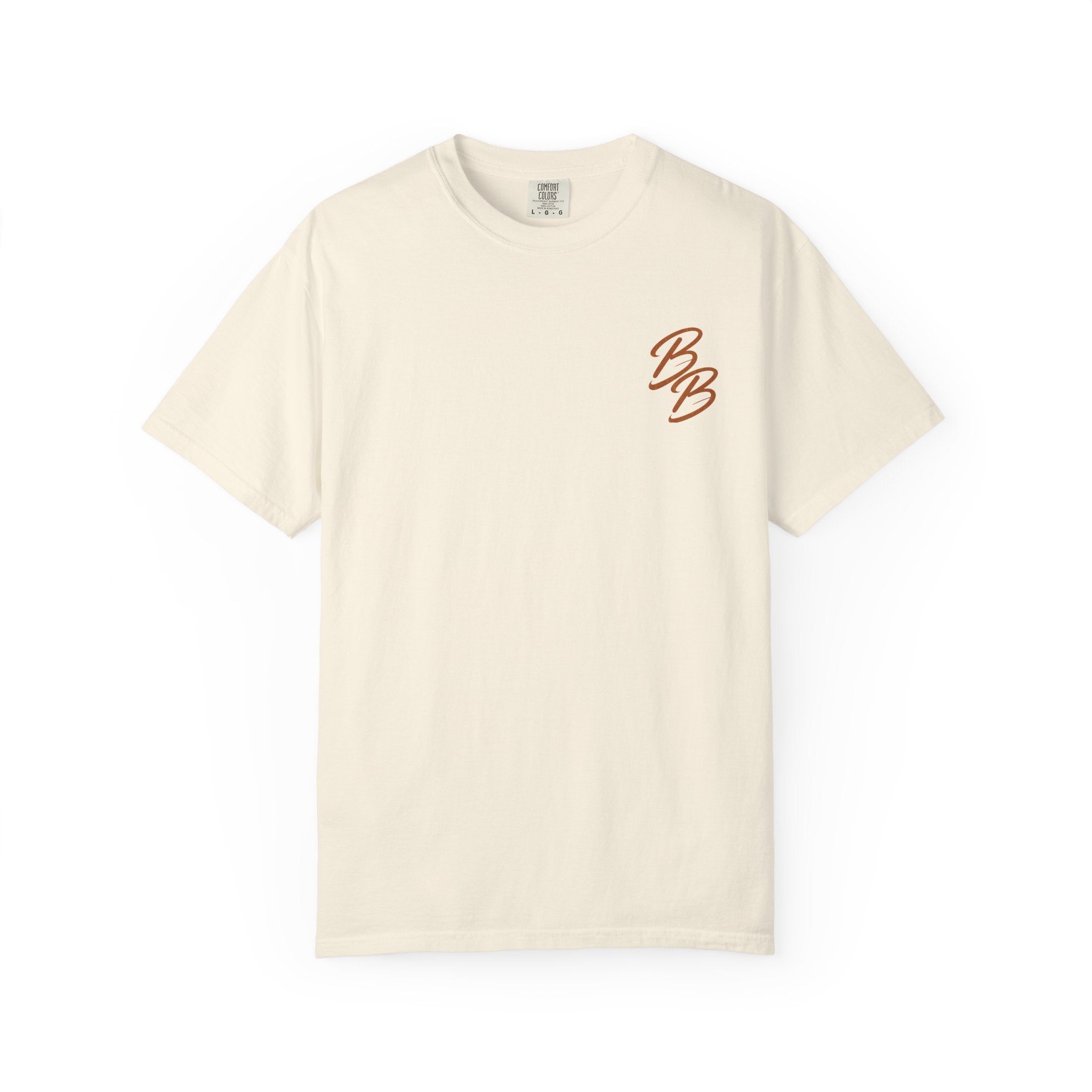 Cream crew neck T-shirt with small orange B logo on left chest