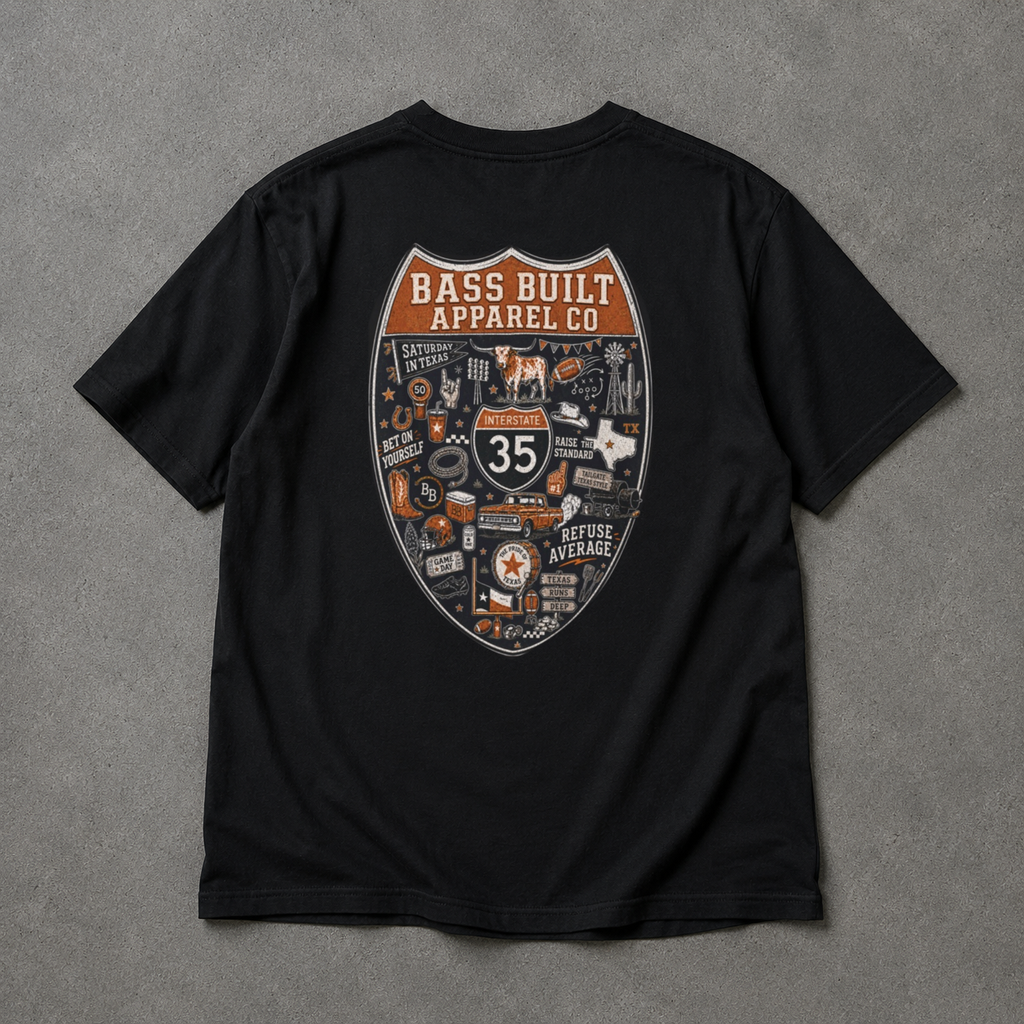 Black crew neck T-shirt with large back shield graphic print (close-up back view)
