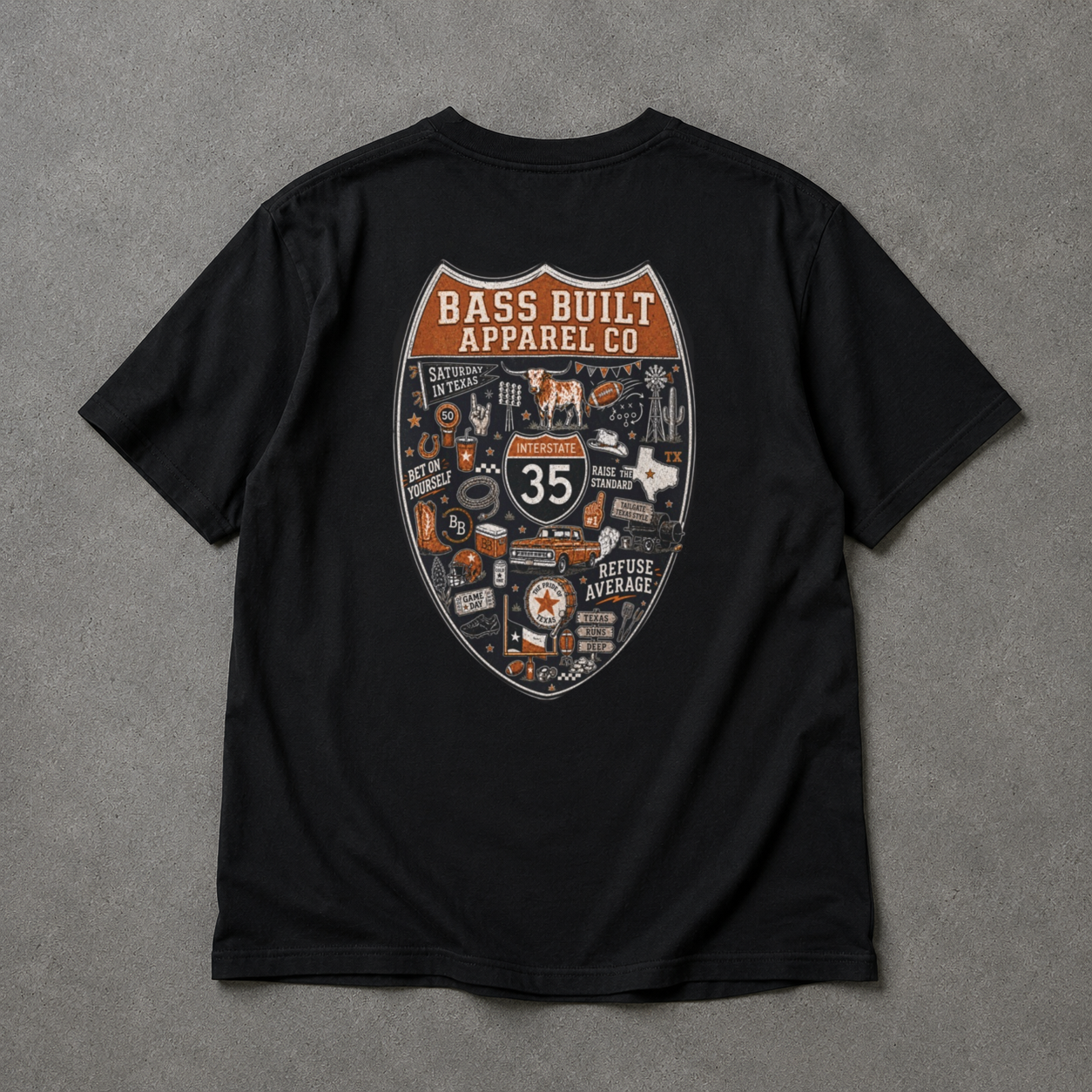 Black crew neck T-shirt with large back shield graphic print (close-up back view)